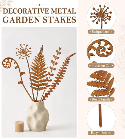 VIS'V Decorative Garden Stakes, Metal Fern Plant Yard Art Stakes, 5 Pcs | 15.7 In Length, Pre-rusted Finish, Rusty Art Decor for Outdoor Indoor