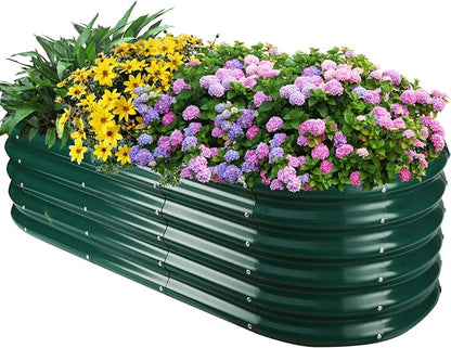 17" Tall Oval-Shaped / Elliptic Metal Raised Garden Bed Outdoor Dark Green | 60X24X17 Inch,1.5 FT Tall,0.8MM Thick Galvanized Metal Painted,for Variety of Flowers,Herbs,Vegetables.with Gloves,Tool free