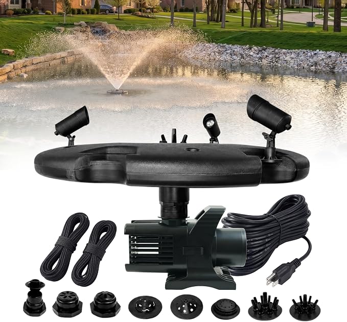 Half Off Ponds 1.5 HP Floating Fountain & Aerator | 12,500 GPH output, 11 spray patterns, Color-changing LED lights, 100 ft cord, Energy-efficient design