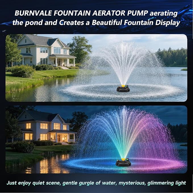 Pond Fountain Aerator with 2 RGB Lights, 1HP 110V 15000GPH Floating Fountain Pump with Timer, 100FT Power Cord, 2 x 100 FT Traction Rope, Aerating Fountains for Larger Outdoor Ponds, Lakes