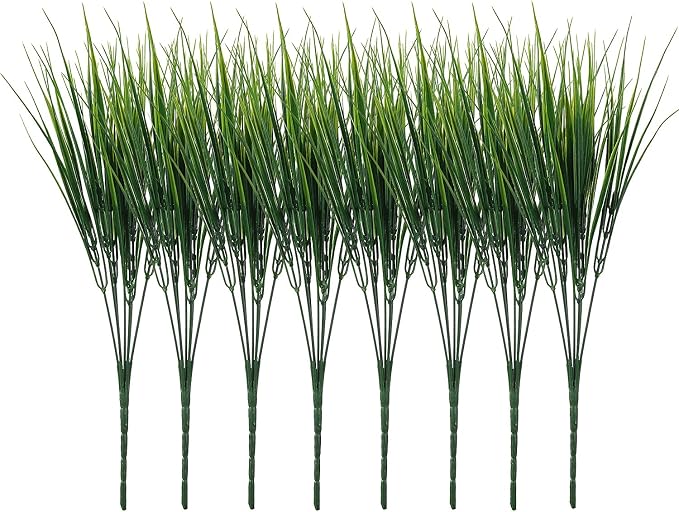 XLFAQXM 8 Pack Artificial Plants Flowers Grass Shrubs No Fade Faux Plastic Flowers Outdoor for Farmhouse Garden Porch Patio Indoor Wedding Decoration Greenery Fake Plants uv Resistant (3#Green)