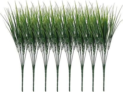 XLFAQXM 8 Pack Artificial Plants Flowers Grass Shrubs No Fade Faux Plastic Flowers Outdoor for Farmhouse Garden Porch Patio Indoor Wedding Decoration Greenery Fake Plants uv Resistant (3#Green)