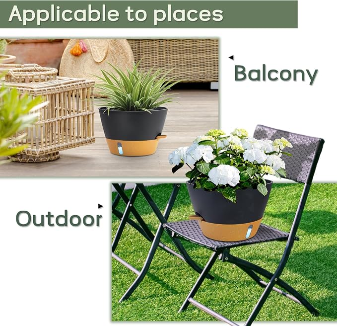 12 Inch Self Watering Pot with Visual Water Window, Drainage Holes & Watering Lip, Set of 3 Large Plastic Planters for Indoor Outdoor Plants, Modern Decorative Flower Pot (Grey)