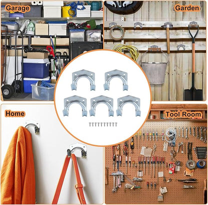 5 Pack Hanger Hooks Set with Screws, Wall Mounted Tool Hangers Garage Storage Hooks for Garage Shed Hanging Bracket Garden Tools