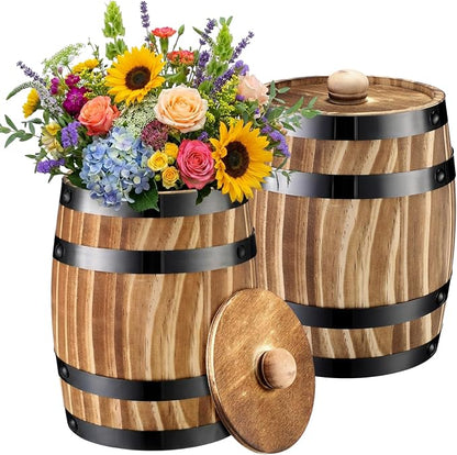 GlikCeil 2 Pcs Wood Wine Barrel Vase Vintage Flower Vase Container Rustic Barrel Planter for Wedding Reception Table Decoration Home Indoor Outdoor Garden Kitchen Party (6.3 x 5.5 Inch)