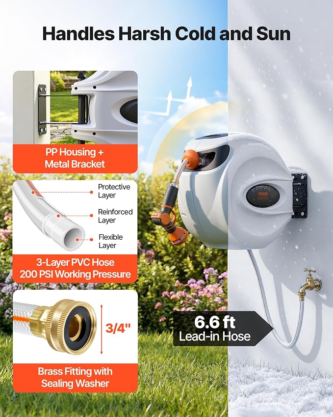 VEVOR Retractable Hose Reel, 100 ft x 1/2 inch, 180° Swivel Bracket Wall-Mounted, Garden Water Hose Reel with 9-Pattern Nozzle, Automatic Rewind, Lock at Any Length, and Slow Return System