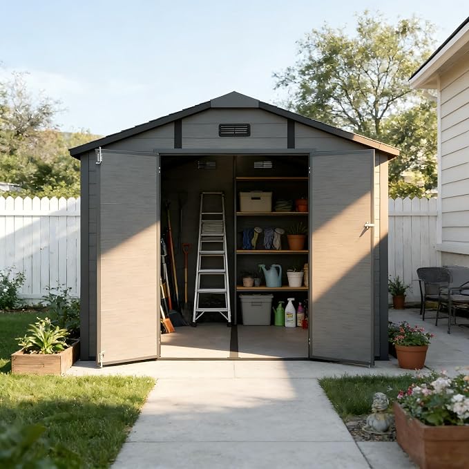 PVWIIK 8x10 ft Resin Outdoor Storage Shed with Floor & Window, Lockable Waterproof All-Weather Utility Shed for Garden Tools & Trash Bins, Gray