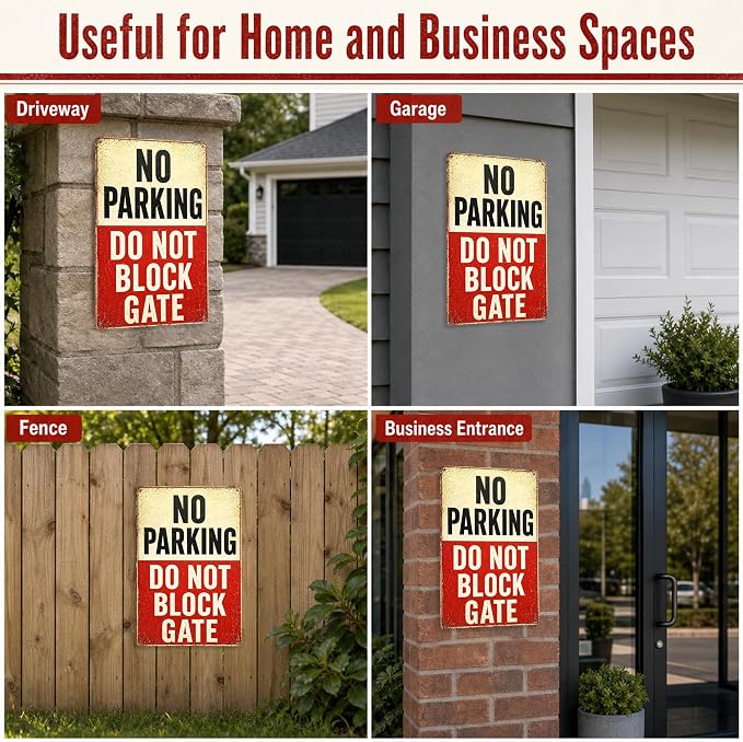 No Parking Tin Sign, 12 x 8 Inch Do Not Block Gate Aluminum Metal Wall Decor, Vintage Notice Sign for Driveway, Garage, Fence, Farm Entrance