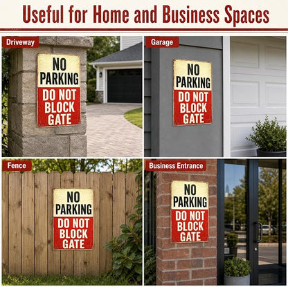 No Parking Tin Sign, 12 x 8 Inch Do Not Block Gate Aluminum Metal Wall Decor, Vintage Notice Sign for Driveway, Garage, Fence, Farm Entrance
