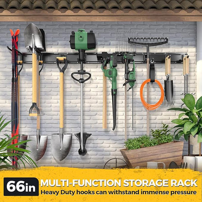 LBT 66" Garage Tool Organizer Wall Mount - 720lbs Garden Tool Organizer with Adjustable Hooks, Heavy Duty Metal Garage Storage Rack, Anti-Rust Shed Rack Holder Hanging Rake Broom Mower Snowboard