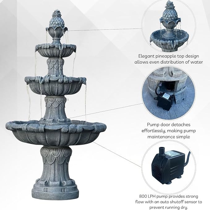 XBrand 58.3" 3-Tier Outdoor Freestanding Water Fountain - Classic Leaf Design, Light Gray Resin, Large Bird Bath with Pump - Ideal for Yard, Lawn and Garden, Porch Décor
