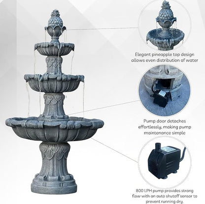 XBrand 58.3" 3-Tier Outdoor Freestanding Water Fountain - Classic Leaf Design, Light Gray Resin, Large Bird Bath with Pump - Ideal for Yard, Lawn and Garden, Porch Décor