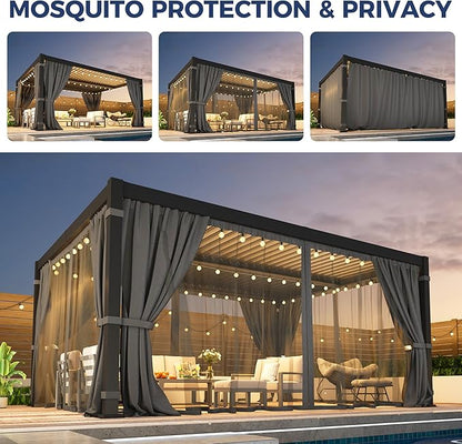 12' x 16' Louvered Pergola, Aluminum Frame Outdoor Pergola with Curtains & Netting, Adjustable Louvered Roof & Integrated Gutter System, Hardtop Patio Gazebo for Backyard, Patio, Garden, Dark Gray