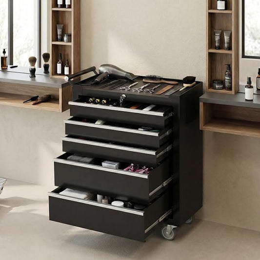 PeakPursuit 5-Drawers Rolling Tool Chest, Portable Tool Box with Wheels and Lock System, Secure Storage Cabinet for Warehouse, Workshop, and Repair Shop, Black