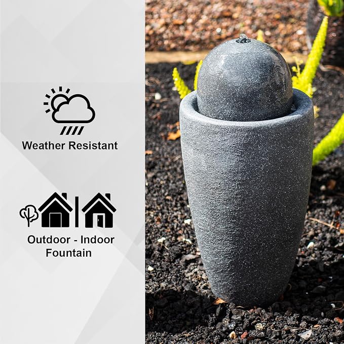 XBrand 25.98" Modern Sphere Water Fountain with LED Light – Indoor Outdoor Stone Texture Floor Fountain, Zen Bubbling Ball Water Feature for Garden Patio Porch - Gray