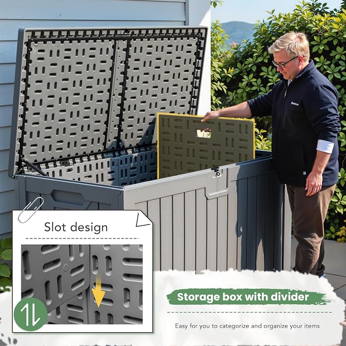 Greesum 230 Gallon HDPE Outdoor Storage Box with Removable Dividers, Weatherproof Oversized Deck Box for Patio, Garage, Garden, Gray