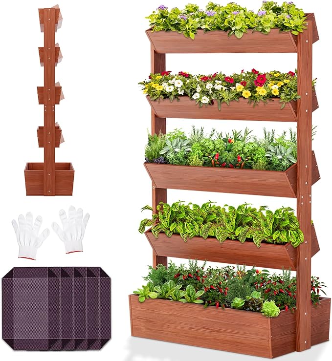 SUNYRISY 5 Tiers Vertical Raised Garden Bed Planter Outdoor, Freestanding Wooden Garden Tiered Planter Box Stand for Planting Herbs Flowers Vegetables Outdoor Gardening
