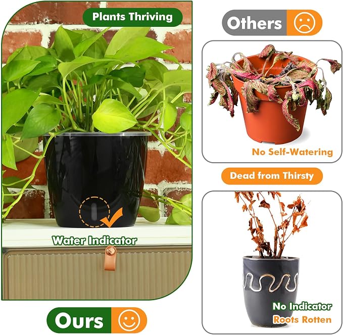 Planterhoma 5/6.7 Inch Self Watering Pots for Indoor Plants, 8 Packs Self Watering Planters for Orchid, Spider Plant, Devil's Ivy & African Violet, Water Indicator & Black Wick Pots, Black