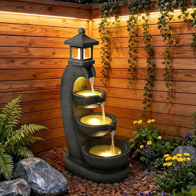 35.4" Outdoor Water Fountain, 3 Tier Bowl Cascading Freestanding Water Fountain, Lantern Style Garden Water Feature with LED Lights, Suitable for Patio Yard Porch Landscape, Grey