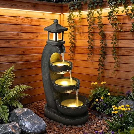35.4" Outdoor Water Fountain, 3 Tier Bowl Cascading Freestanding Water Fountain, Lantern Style Garden Water Feature with LED Lights, Suitable for Patio Yard Porch Landscape, Grey