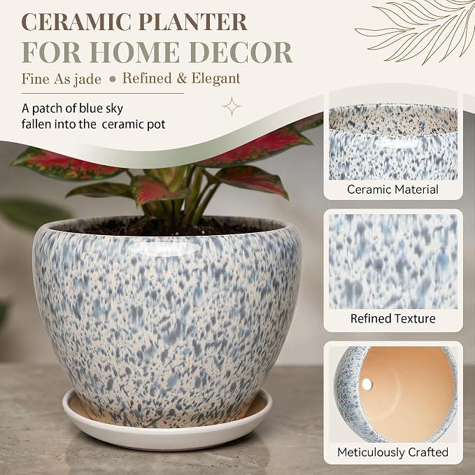 9.5 Inch Ceramic Plant Pot with Drainage Hole Mesh Net,Modern Gardening Pots for Indoor Plants with Saucer, Spotted Blue