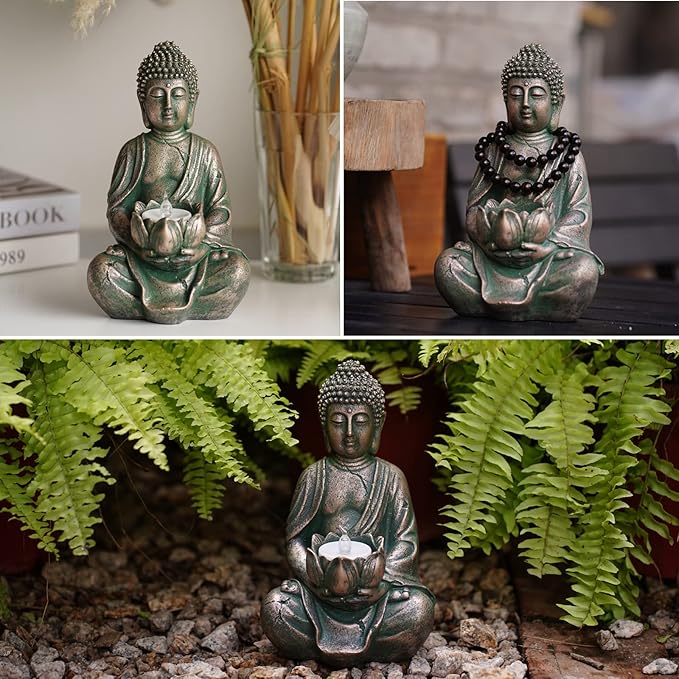 Goodeco Meditation Small Buddha Statue Figurine -Buddha with LED Tea Lights Candle Holder,Gift idea,Zen Home Decor Meditation Accessories,Antique Bronze Look 8"