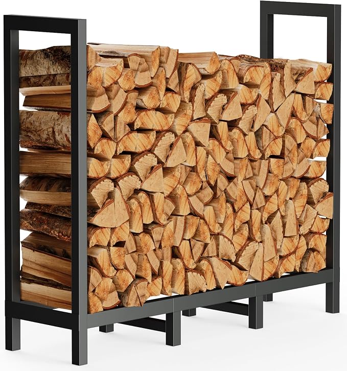 4ft Outdoor Firewood Rack Holder with 8 Support Legs for Fire Wood Pile Storage, Adjustable Heavy Duty Log Stacker Stand Organizer, Black