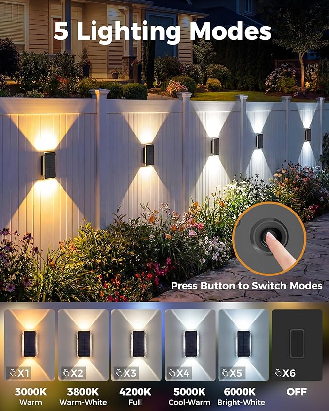 vighep Solar Fence Lights Outdoor 8 Pack, 5CCT(3000K-6000K) Up and Down Solar Wall Lights, IP65 Waterproof Dusk to Dawn Fence Lights Solar Powered for Patio, Porch, Backyard, Garage, Wall Decor