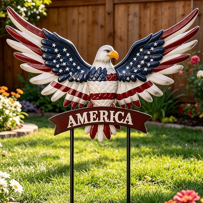 Eagle Patriotic Decor Garden Stakes Decorative Large 35.8in with America Sign, 4th of July Decorations Red White Blue Decor American Flag Memorial Day Decorations Metal Yard Art