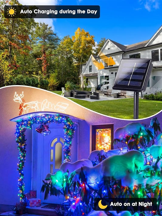Solar Christmas Lights Outdoor 2 Pack 200 LED Solar String Light Multicolor | 8 Lighting Modes, Memory Function, Auto On/Off, 66FT Waterproof Twinkle Lights for Outside Porch Fence Balcony Decorations