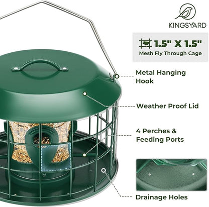 Kingsyard Tube Squirrel Proof Bird Feeders for Outdoor Hanging, Metal Caged | Rain Proof Covered, Wildbirds Finches Bluebird, 4 Feeding Ports, Green