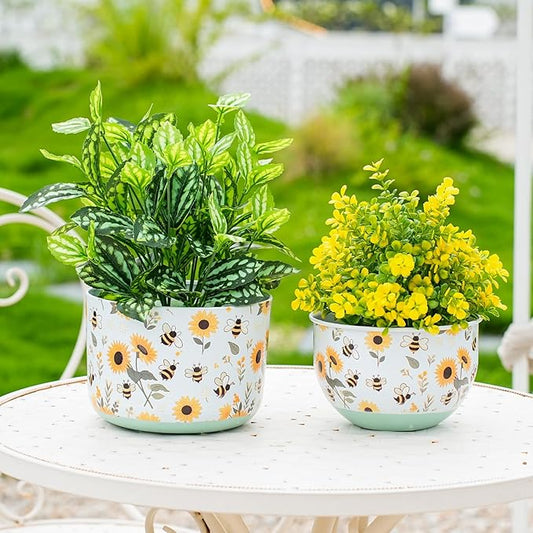 Joint Honglin Butterfly & Bee Metal Planters Set of 2 – Decorative Flower Pots with Colorful Garden Prints, Outdoor & Indoor Use Cute Spring Floral Design for Patio, Balcony, Home Decor (Bee)