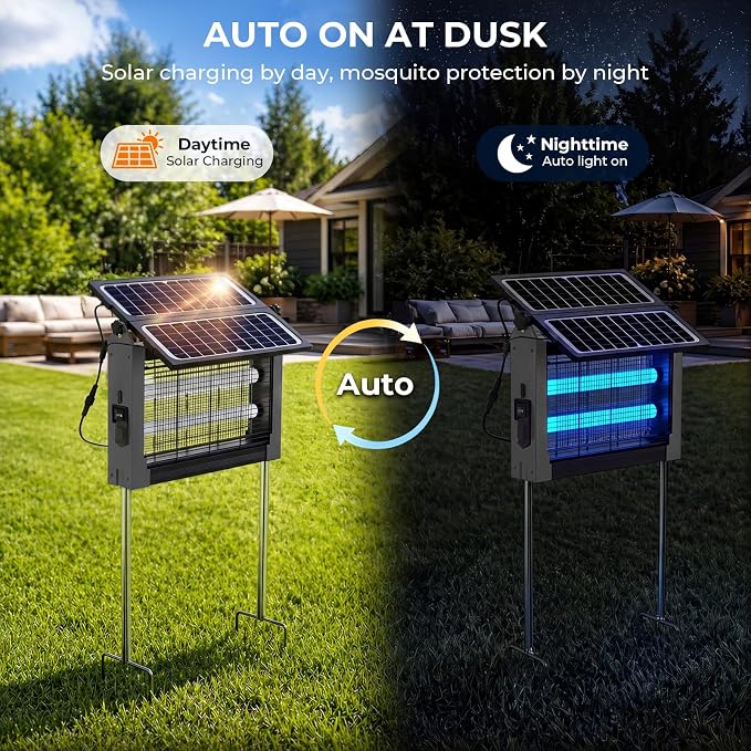 Solar Bug Zapper, 4500V Mosquito Zapper Outdoor Waterproof with Dual Solar Panel, USB Rechargeable Mosquito Killer, Cordless Fly Insect Zapper Waterproof for Patio Yard Garden Home Camping