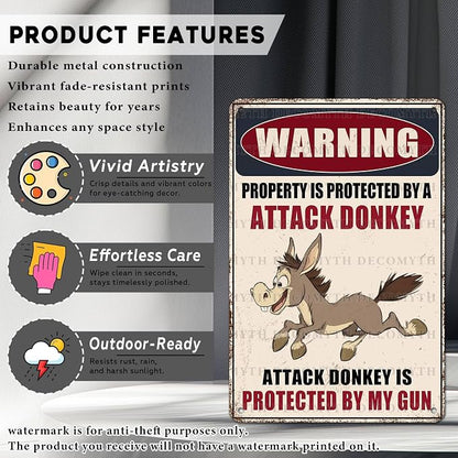 Metal Tin Sign Vintage Retro Wall Decor Warning Beware of Donkey Property Is Protected By a Attack Donkey Funny Tin Sign for Home Backyard Garden Patio 12 * 8inch