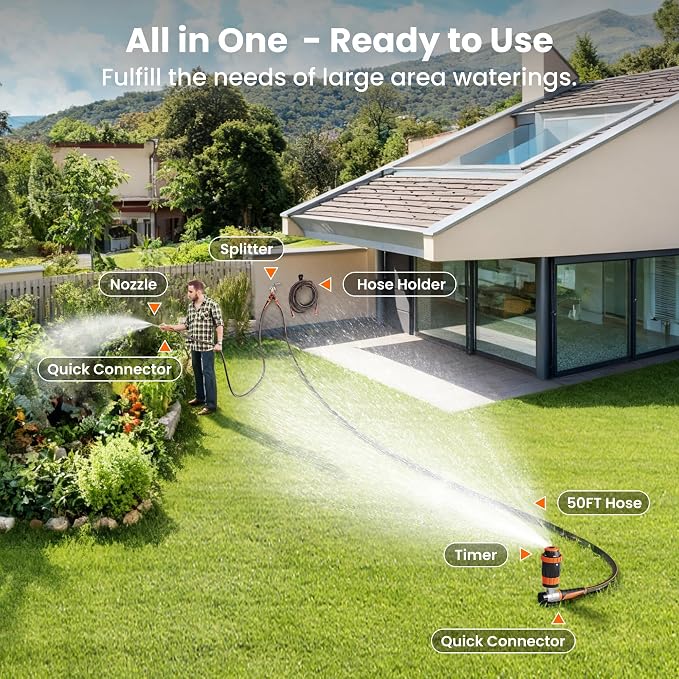 Giraffe Tools Garden Hose 5/8", Water Hose Heavy Duty, Flexible, Lightweight Hybrid Hose with Swivel Handle, with Hose Splitter, Nozzle and Yard Sprinkler, 50ft Male to Female Fittings, Burst 600 PSI