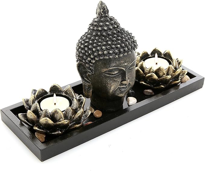 MyGift Black Buddha Head Sculpture Zen Garden Set with Lotus Tealight Candle Holders and Wooden Display Tray, Decorative Tabletop Home Accent