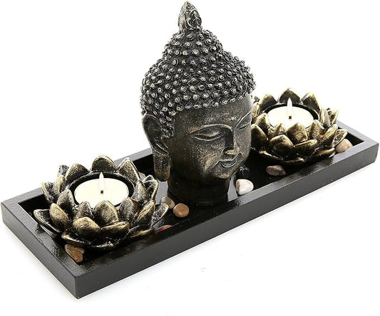 MyGift Black Buddha Head Sculpture Zen Garden Set with Lotus Tealight Candle Holders and Wooden Display Tray, Decorative Tabletop Home Accent