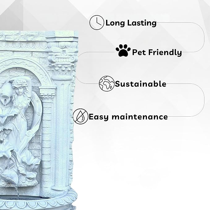 XBrand 30.3" Solar-Powered Outdoor Wall Fountain with Flower Maiden Statue, Antique Stone Waterfall Design for Garden, Yard Décor & Bird Bath, Polyresin