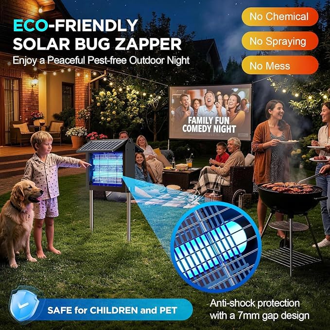 Solar Bug Zapper Outdoor-4500V Mosquito Zapper Outdoor Fly Killer-with Dual Adjustable Solar Panel Waterproof-Portable Electric Fly Trap for Patio, Garden, Backyard, and Camping