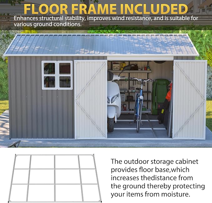 PVWIIK 12x10 FT Metal Outdoor Storage Shed with Floor Frame, Heavy Duty Waterproof Steel Garden Tool Shed with Lockable Doors, Utility Storage Building for Backyard Patio Lawn Garden, Grey