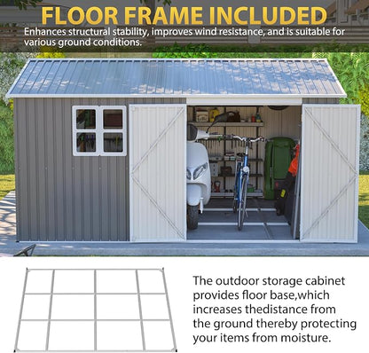 PVWIIK 12x10 FT Metal Outdoor Storage Shed with Floor Frame, Heavy Duty Waterproof Steel Garden Tool Shed with Lockable Doors, Utility Storage Building for Backyard Patio Lawn Garden, Grey