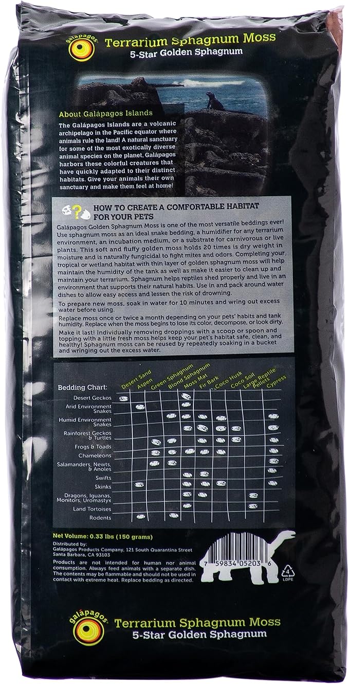 Galápagos (05203) 5-Star Golden Sphagnum Moss | Long-Fiber Snake Bedding, Reptile Substrate & Terrarium Moss for Frogs, Toads, Carnivorous Plants, Leopard Geckos, Snakes, and Amphibians, 1/3 Pound