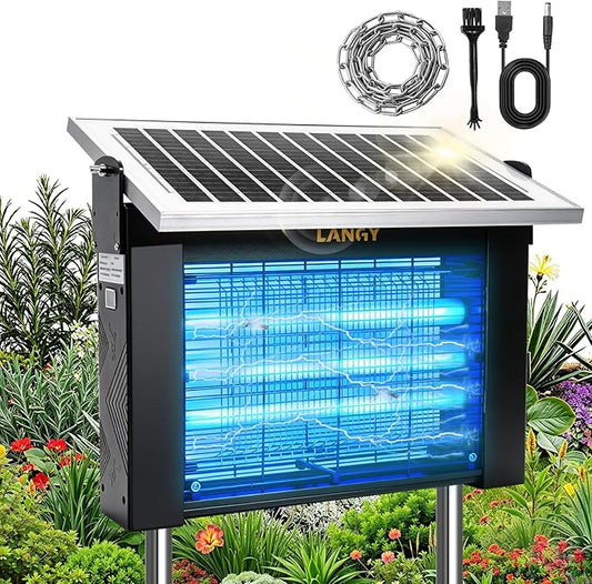 LANGY Solar Bug Zapper Outdoor, Upgrade 3-Tube 365nm Solar Mosquito Zapper Outdoor, 5000mAh Rechargeable 4500V Electric Fly Zapper Mosquitos Trap w 16.4ft Cord Auto On/Off for Yard Patio Camping