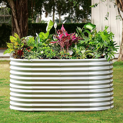 Land Guard 8x4x3ft Oval Galvanized Raised Garden Beds, Large-Capacity Metal Planter Box Outdoor, Durable Deep Raised Garden Bed 3ft Tall, Raised Beds for Gardening Vegetables, Classic Silver