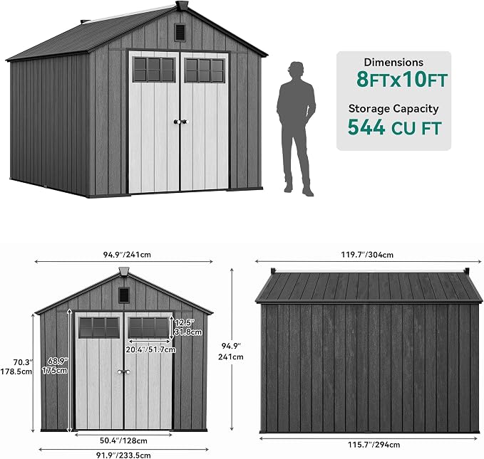 YITAHOME 8x10 FT Outdoor Storage Shed with Floor, Extra Thick Plastic Garden Shed for Bikes, Tools and Pool Supplies, Resin Storage Shed with Door Window Insert, Vents for Patio Backyard, Black
