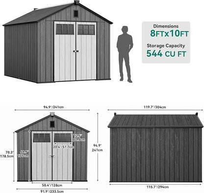 YITAHOME 8x10 FT Outdoor Storage Shed with Floor, Extra Thick Plastic Garden Shed for Bikes, Tools and Pool Supplies, Resin Storage Shed with Door Window Insert, Vents for Patio Backyard, Black