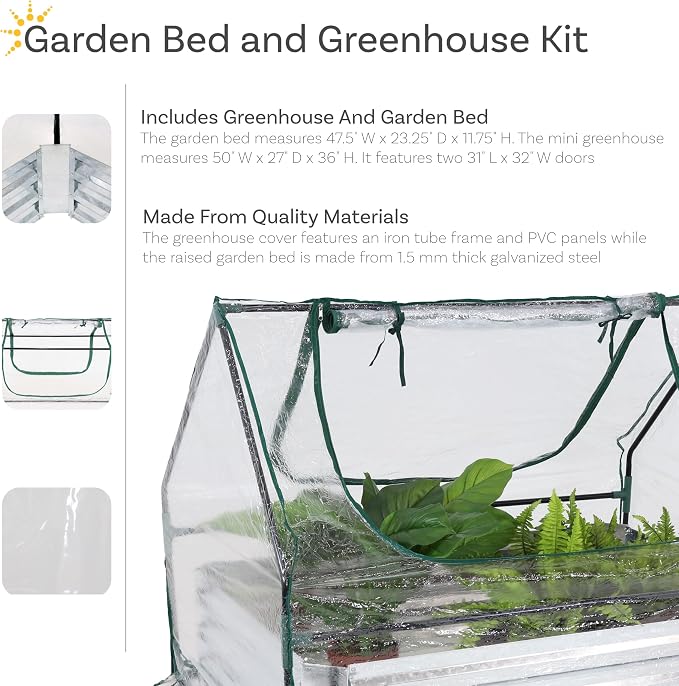 Sunnydaze Steel Raised Garden Bed with Mini Greenhouse - Outdoor Greenhouse Kit - 2 Zippered Doors - Clear - 4' x 2'