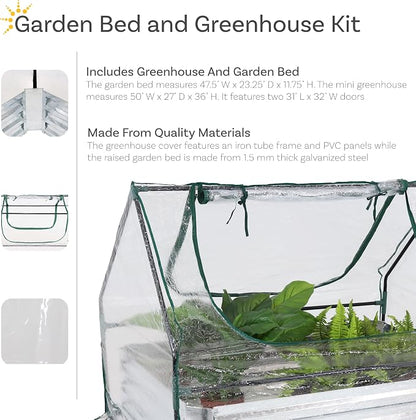 Sunnydaze Steel Raised Garden Bed with Mini Greenhouse - Outdoor Greenhouse Kit - 2 Zippered Doors - Clear - 4' x 2'