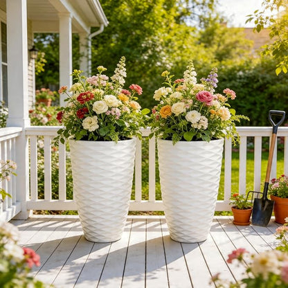 2-Pack 19" White Resin Tall Outdoor Planters with Wave Texture | High-density resin planters with Nordic wave texture, drainage holes, and weather-resistant finish for porch or patio