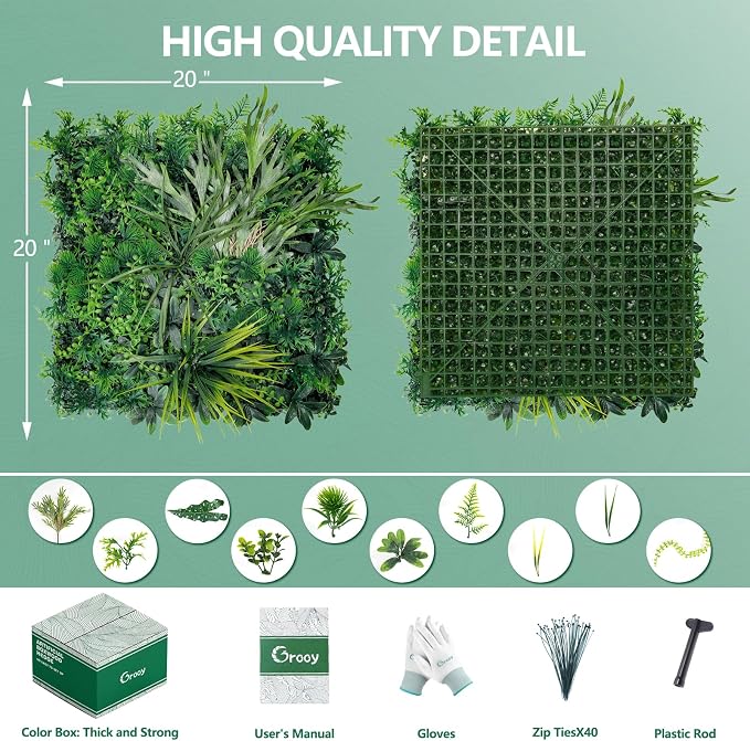 Grooy 20"X20" Grass Wall, 8PCS Boxwood Panels UV-Protected Faux Grass Backdrop Wall,Greenery Privacy Hedge Screen for Outdoor Garden Patio, Indoor Party Balcony Fence Decor